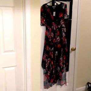 Black dress with red/pink flowers.
